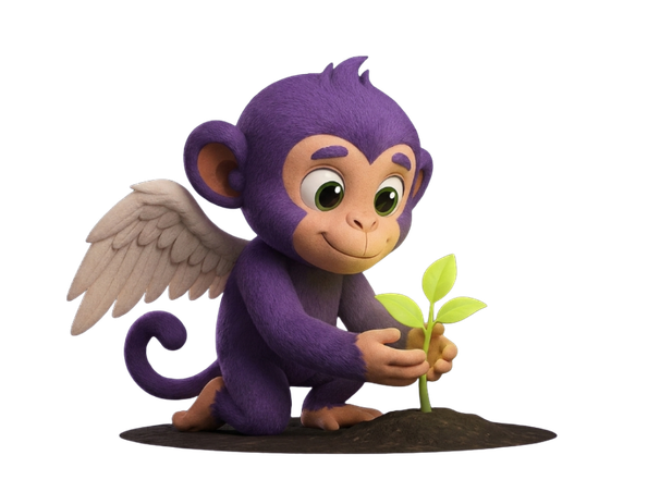Kairo, la mascota de Alas, cuidando con las manos un brote verde que crece de la tierra