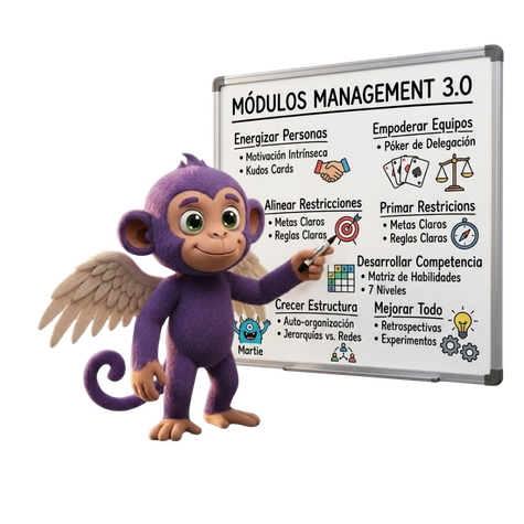 Kairo dando un taller de Alas frente al pizarrón de Módulos Management 3.0
