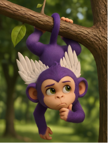 Kairo, la mascota de Alas, colgado de una rama mirando el mundo desde otro ángulo